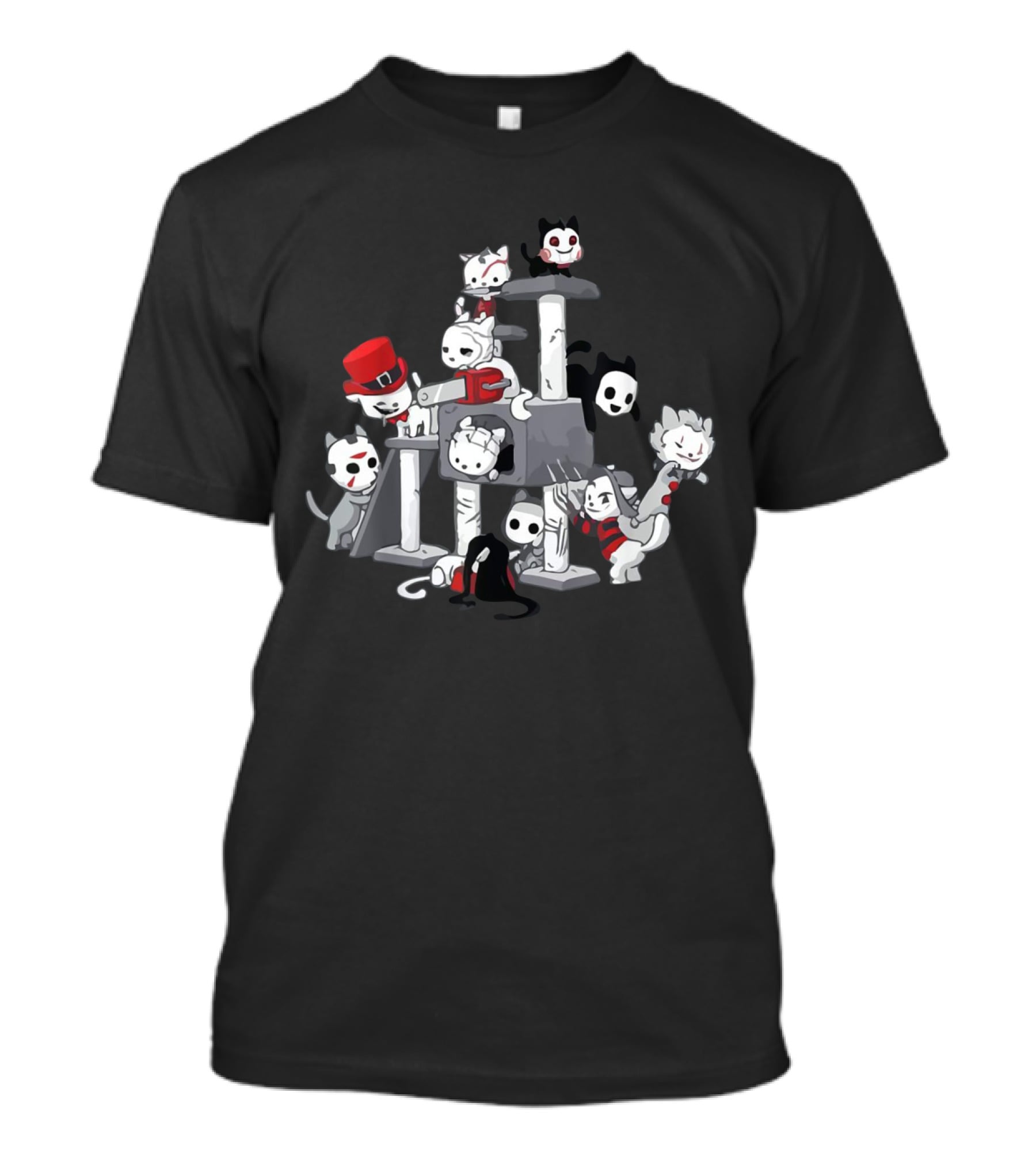 Cat Horror Movie Characters On Scratching Post With Masks And Costumes T-Shirt