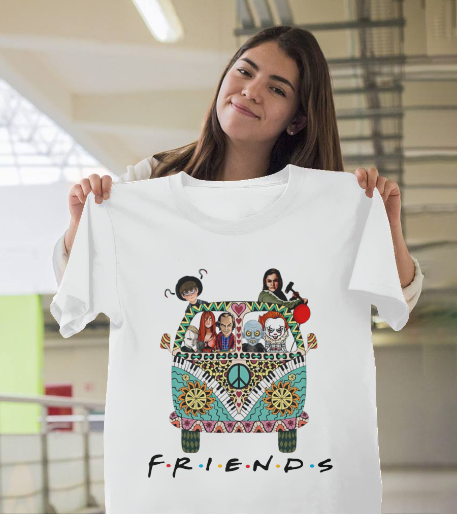 Hippie Van Journey With Friends Featuring Iconic Horror Movie Characters T-Shirt