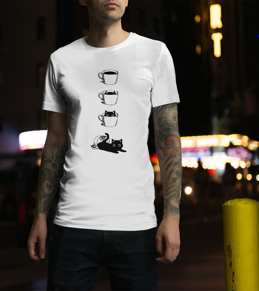 Cute Black Cat In Coffee Cups Sequence T-Shirt