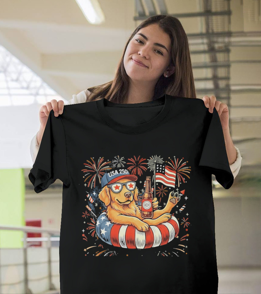 Golden Retriever Beer USA 250 Fireworks American Flag 4th Of July T-Shirt