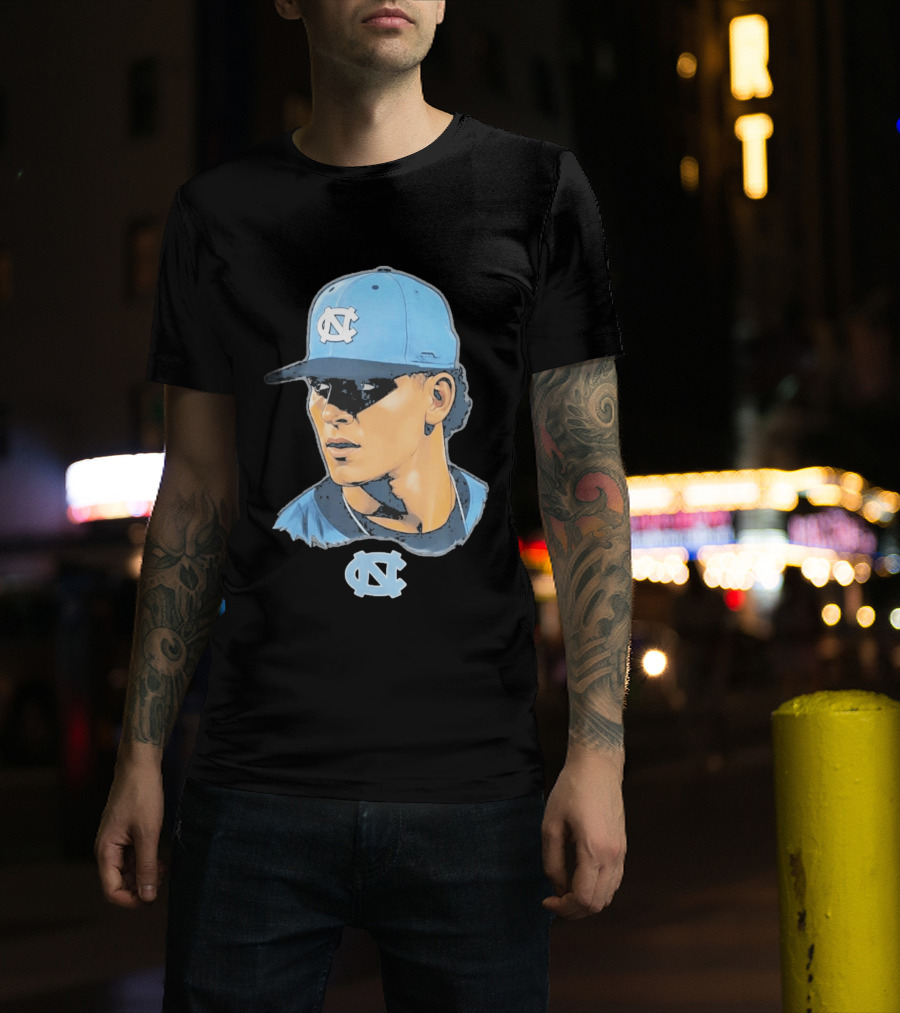 UNC Tar Heels Baseball Portrait Comic Style Navy Blue Cap T-Shirt