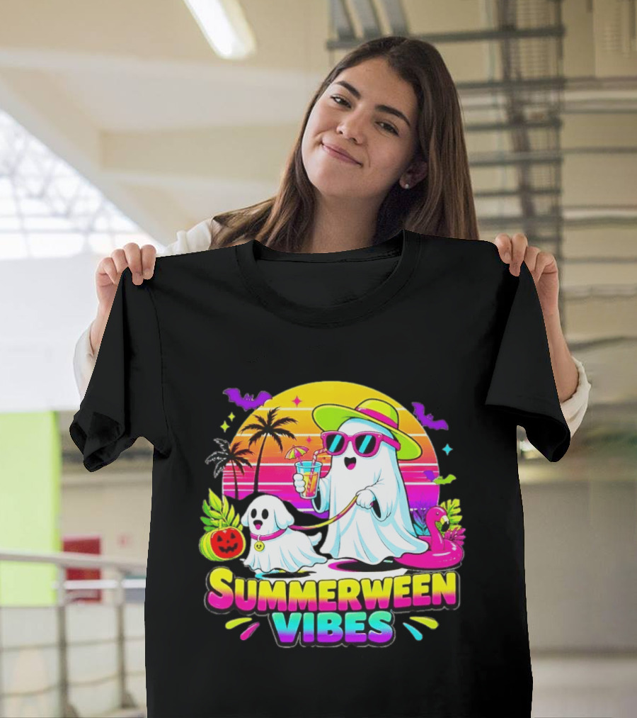 Summerween Vibes Ghost Walking Dog Retro Sunset Tropical Beach Party T-Shirt