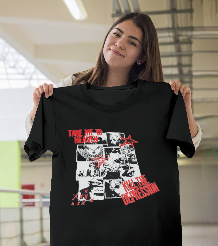 Take Me To Heaven Kill The Depression Kurt Cobain Nirvana Punk Rock Concert Collage T-Shirt