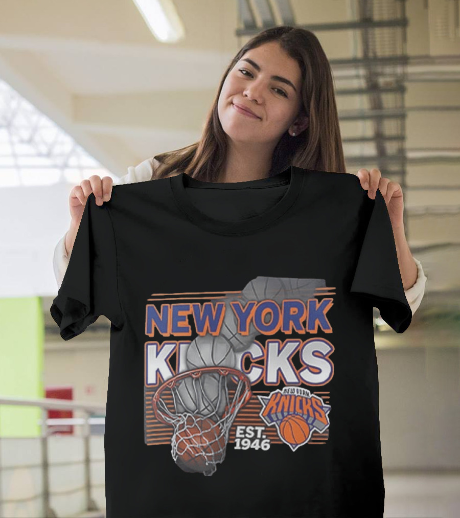 New York Knicks Basketball Hoop Net Est 1946 Team Logo 2 Sided T-Shirt