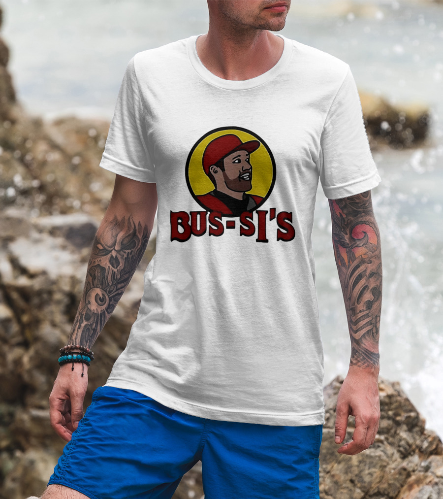 Bus Si's Baseball Player Cartoon Logo Design White T-Shirt