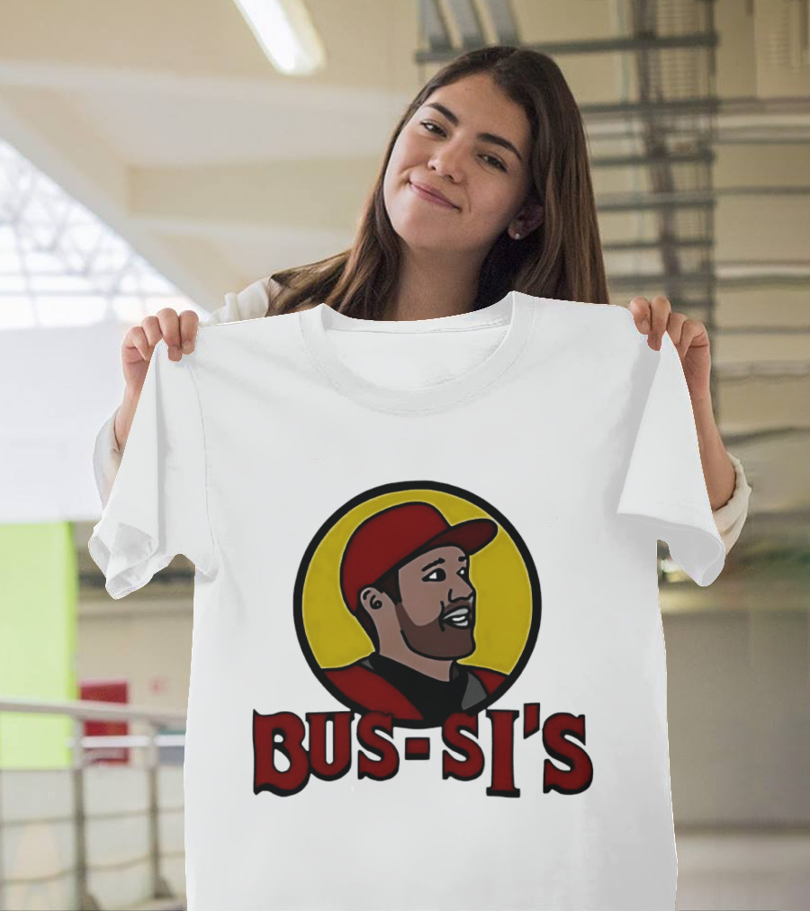 Bus Si's Baseball Player Cartoon Logo Design White T-Shirt