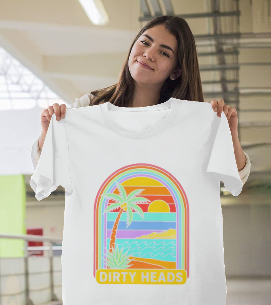 Dirty Heads Tropical Beach Palm Tree Rainbow Arch Sunset T-Shirt