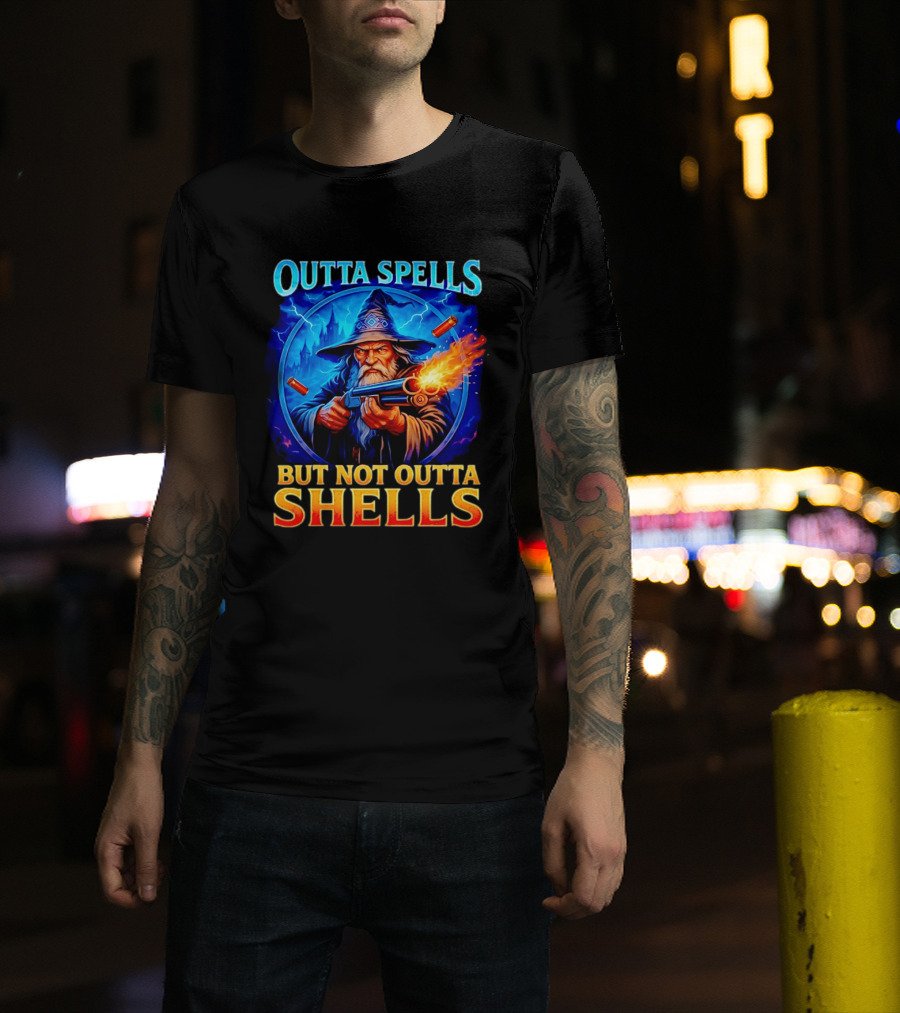 Outta Spells But Not Outta Shells Wizard With Gun Fantasy Humor T-Shirt