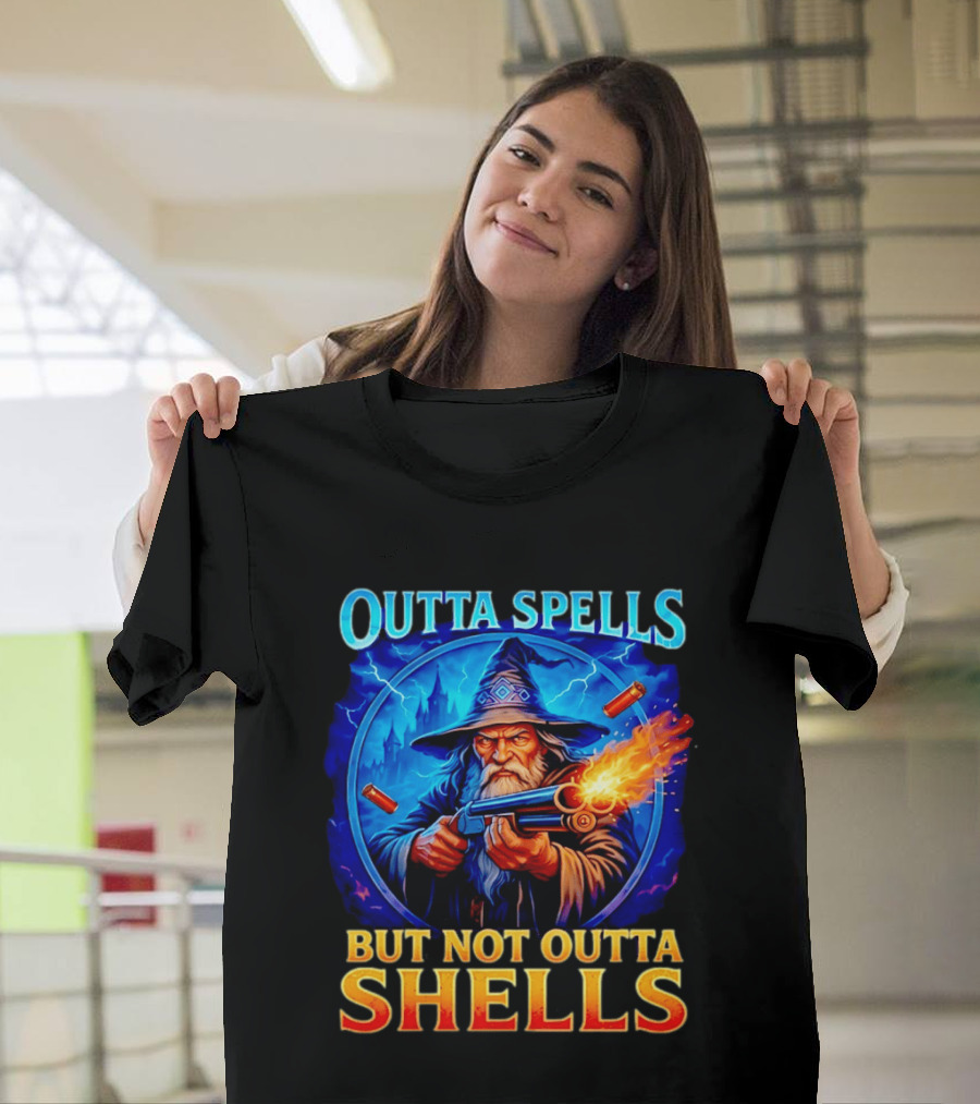 Outta Spells But Not Outta Shells Wizard With Gun Fantasy Humor T-Shirt
