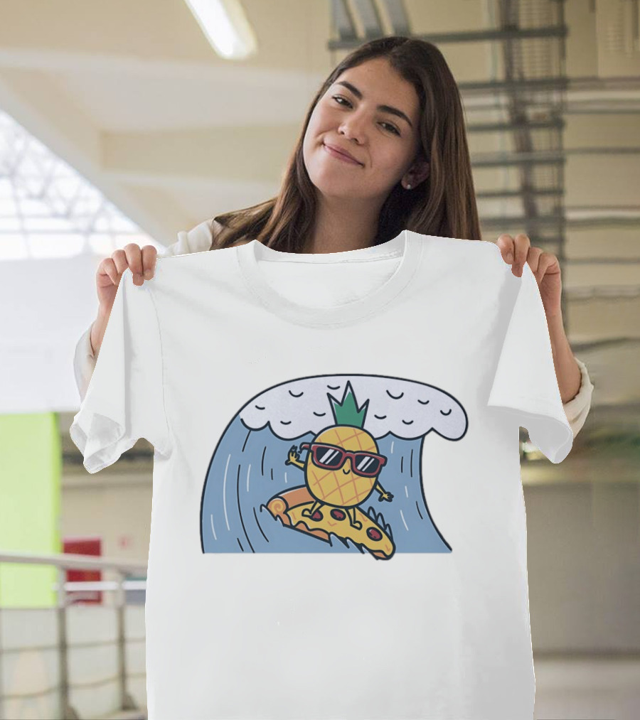 Pineapple Surfing On Pizza Slice Ocean Wave With Sunglasses Cartoon T-Shirt