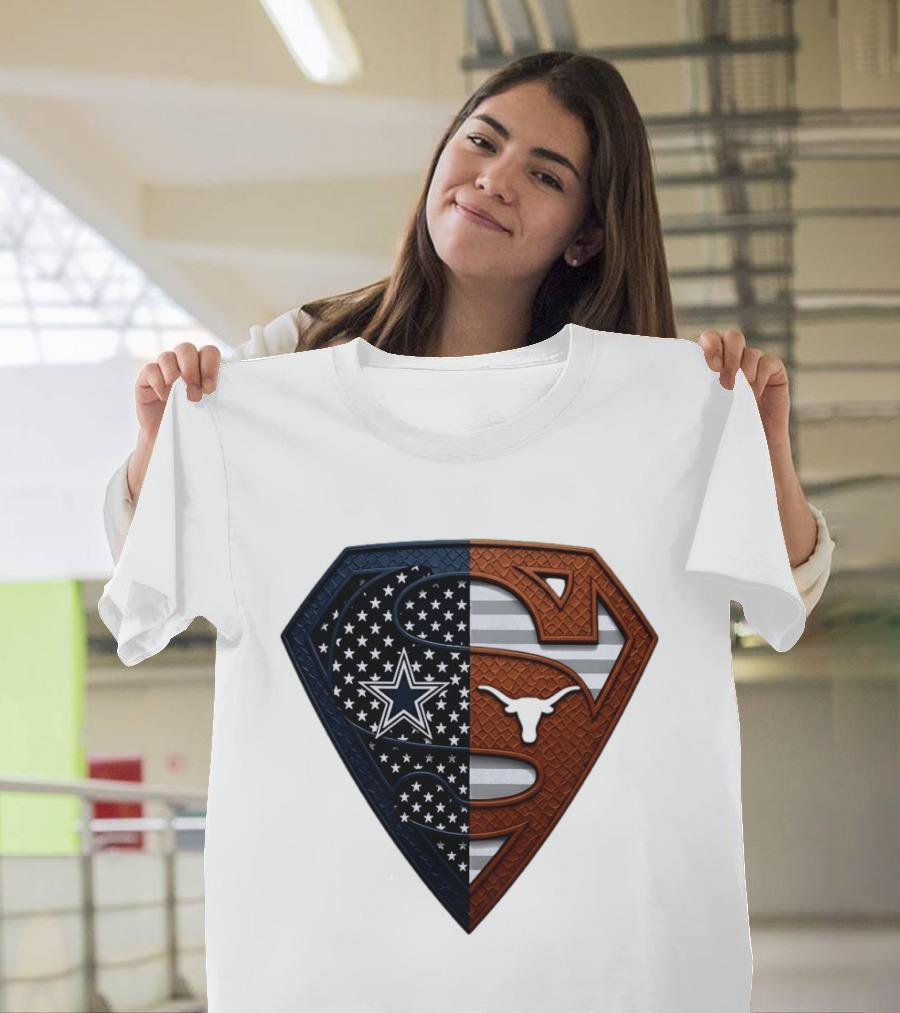 Dallas Cowboys Texas Longhorns Superman Shield Split Dual Icon Emblems T-Shirt