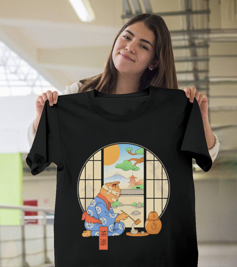 Ukiyo E Style Cat Tea Ceremony With Japanese Landscape T-Shirt