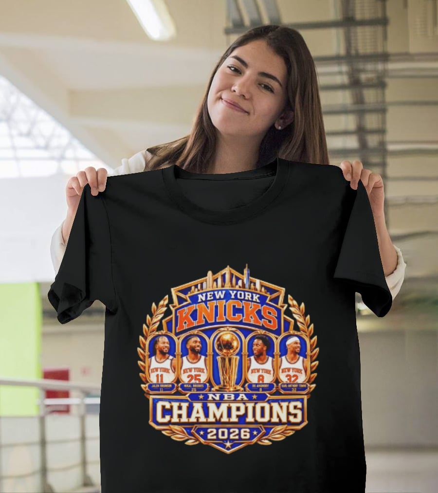 New York Knicks NBA Champions 2026 Jalen Brunson Mikal Bridges OG Anunoby Karl Anthony Towns T-Shirt