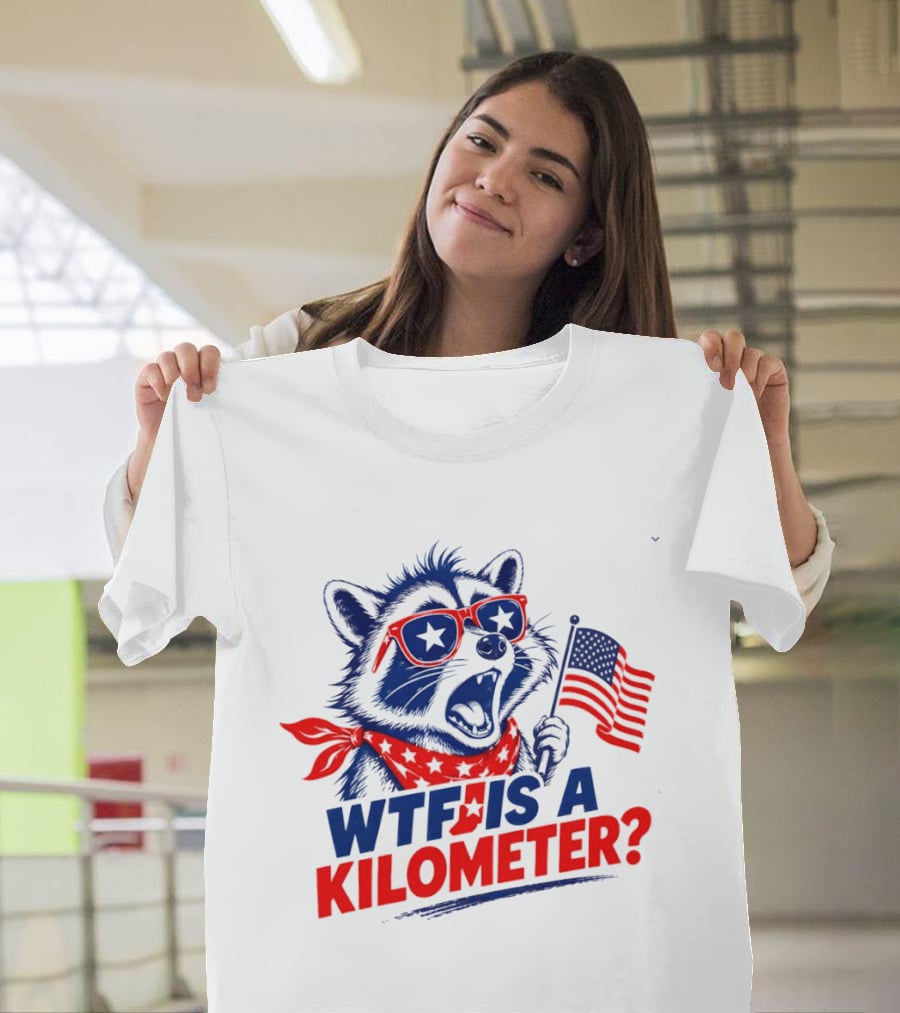 WTF Is A Kilometer Star Spangled Raccoon Holding American Flag 4th Of July T-Shirt