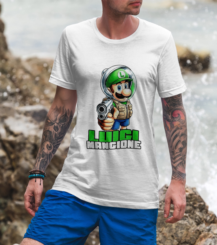 Luigi Mangione Super Mario Green Hat Gun Image T-Shirt