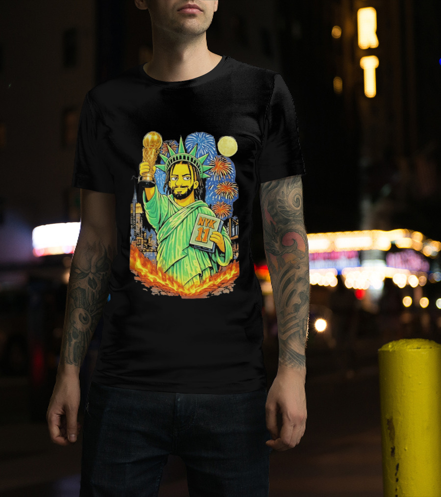 New York Knicks Jalen Brunson As Statue Of Liberty NYK 11 With Trophy And Fireworks T-Shirt