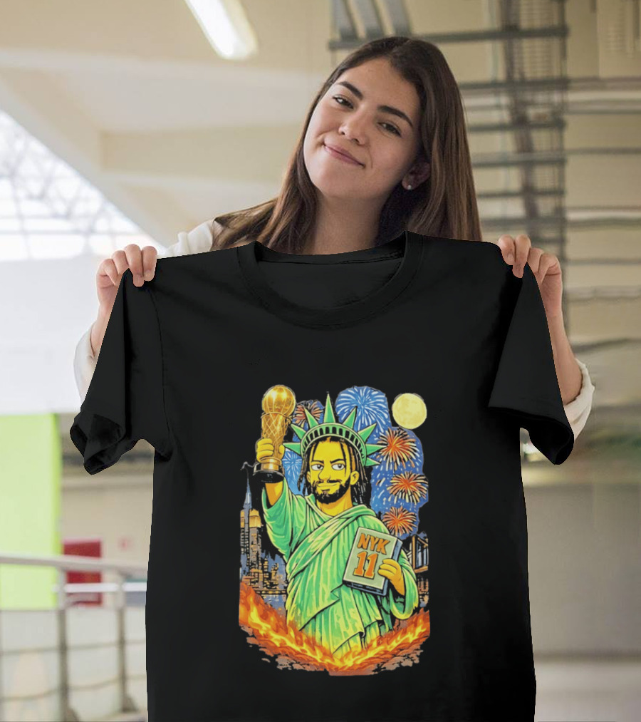 New York Knicks Jalen Brunson As Statue Of Liberty NYK 11 With Trophy And Fireworks T-Shirt