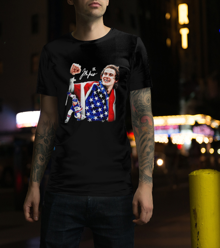 Jack Hughes New Jersey Devils USA Flag 86 Hockey Celebration T-Shirt