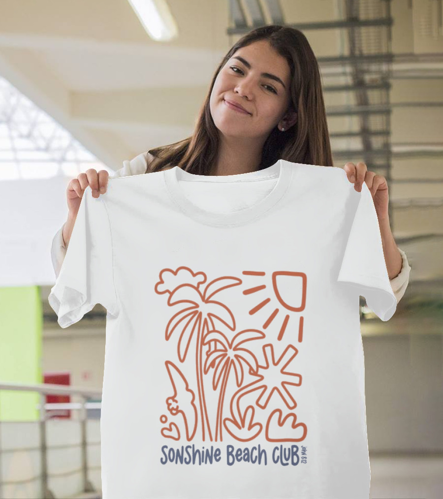Five2 Sonshine Beach Club Palm Trees Sun And Surf Vibes T-Shirt