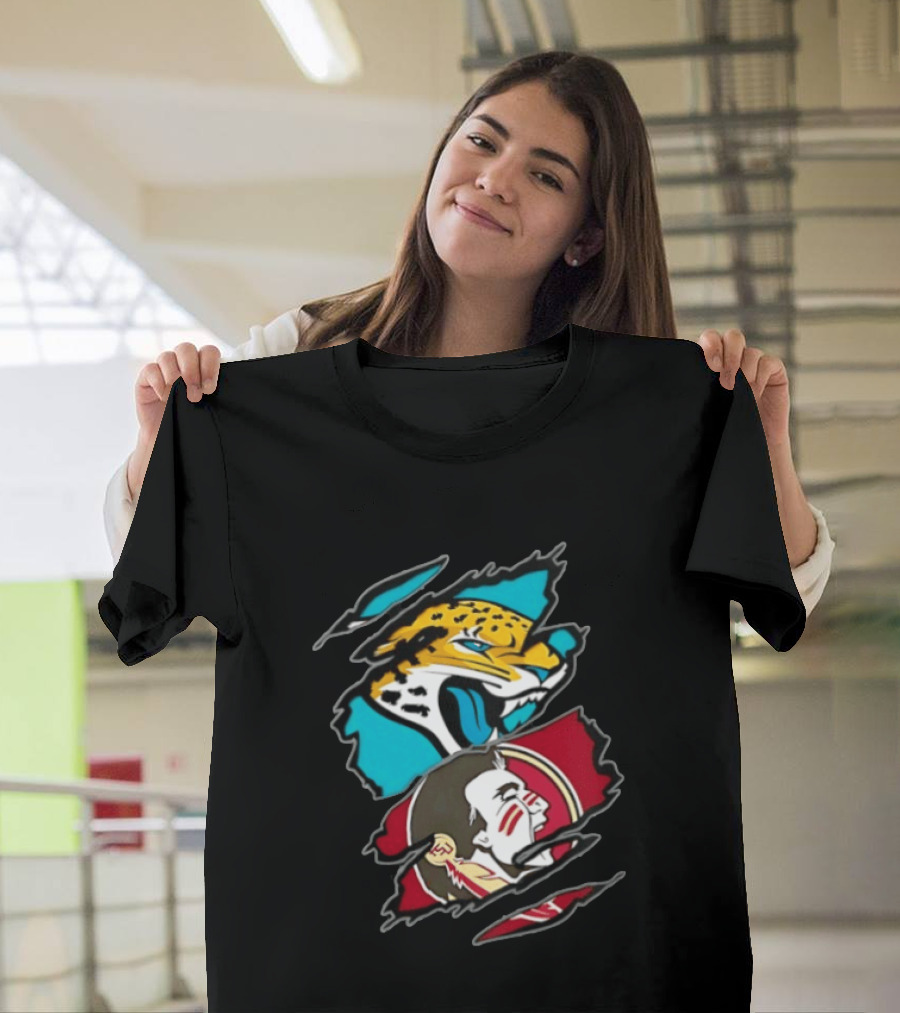 Jacksonville Jaguars Florida State Seminoles Two Teams One Heart Scratch T-Shirt