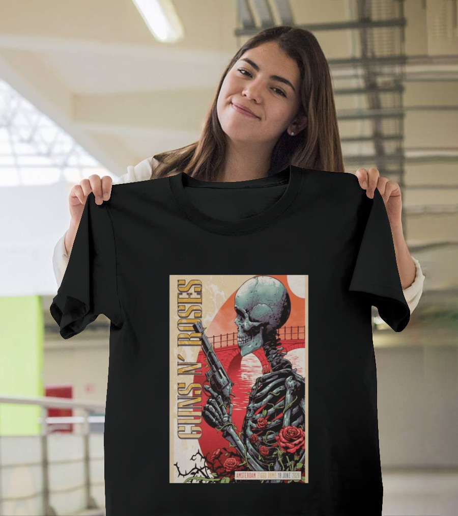 Guns N' Roses Amsterdam 18 June 2026 Ziggo Dome Skeleton With Gun And Roses T-Shirt