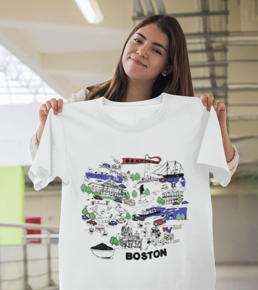 Beantown Boston Skyline Map Massachusetts Souvenir Bridge Boat Trees T-Shirt
