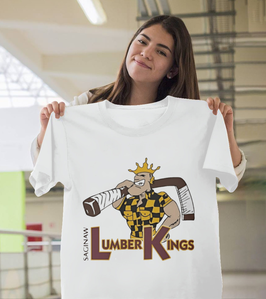 Saginaw Lumber Kings Hockey Team Logo Player With Crown And Hockey Stick T-Shirt