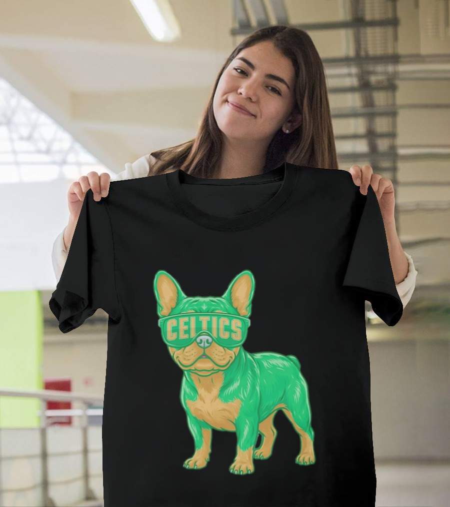 Boston Celtics French Bulldog Wearing Celtics Glasses T-Shirt