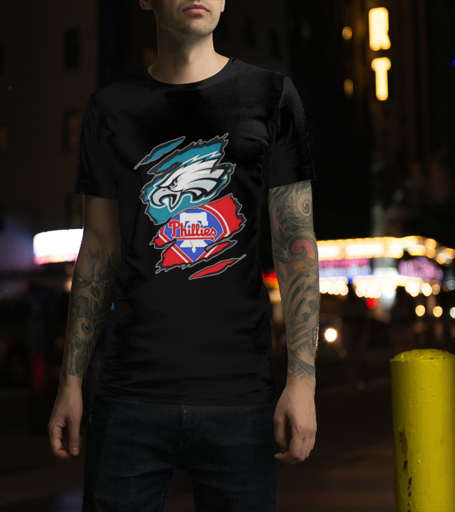 Philadelphia Eagles And Philadelphia Phillies Two Teams One Heart Scratch Logo Fusion T-Shirt