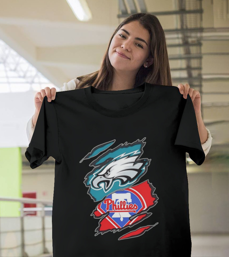 Philadelphia Eagles And Philadelphia Phillies Two Teams One Heart Scratch Logo Fusion T-Shirt