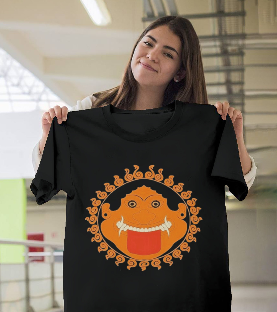 Medusa Gorgon Greek Mythology Monstrous Mask Icon With Orange Spirals T-Shirt