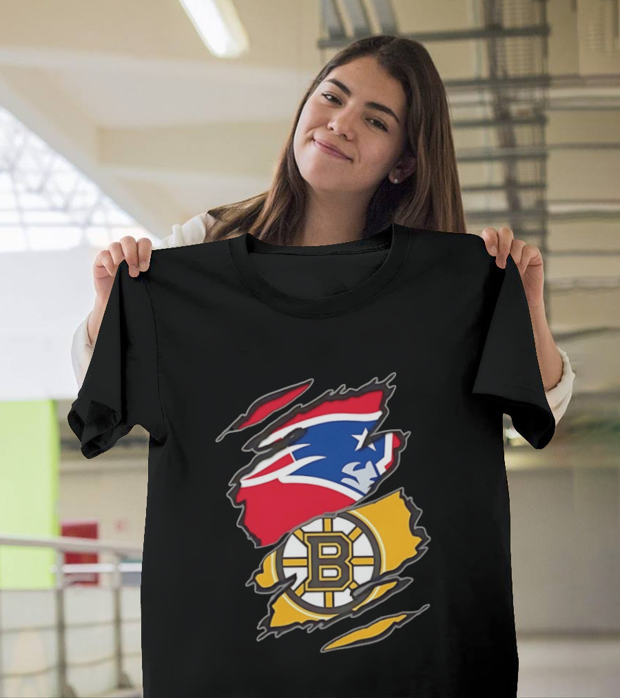 New England Patriots Boston Bruins Two Teams One Heart Scratch NFL NHL Fan T-Shirt