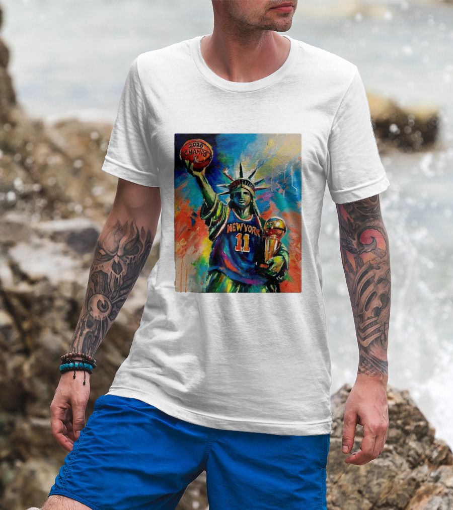 New York Knicks 11 Statue Of Liberty 2026 Champs Trophy Basketball T-Shirt