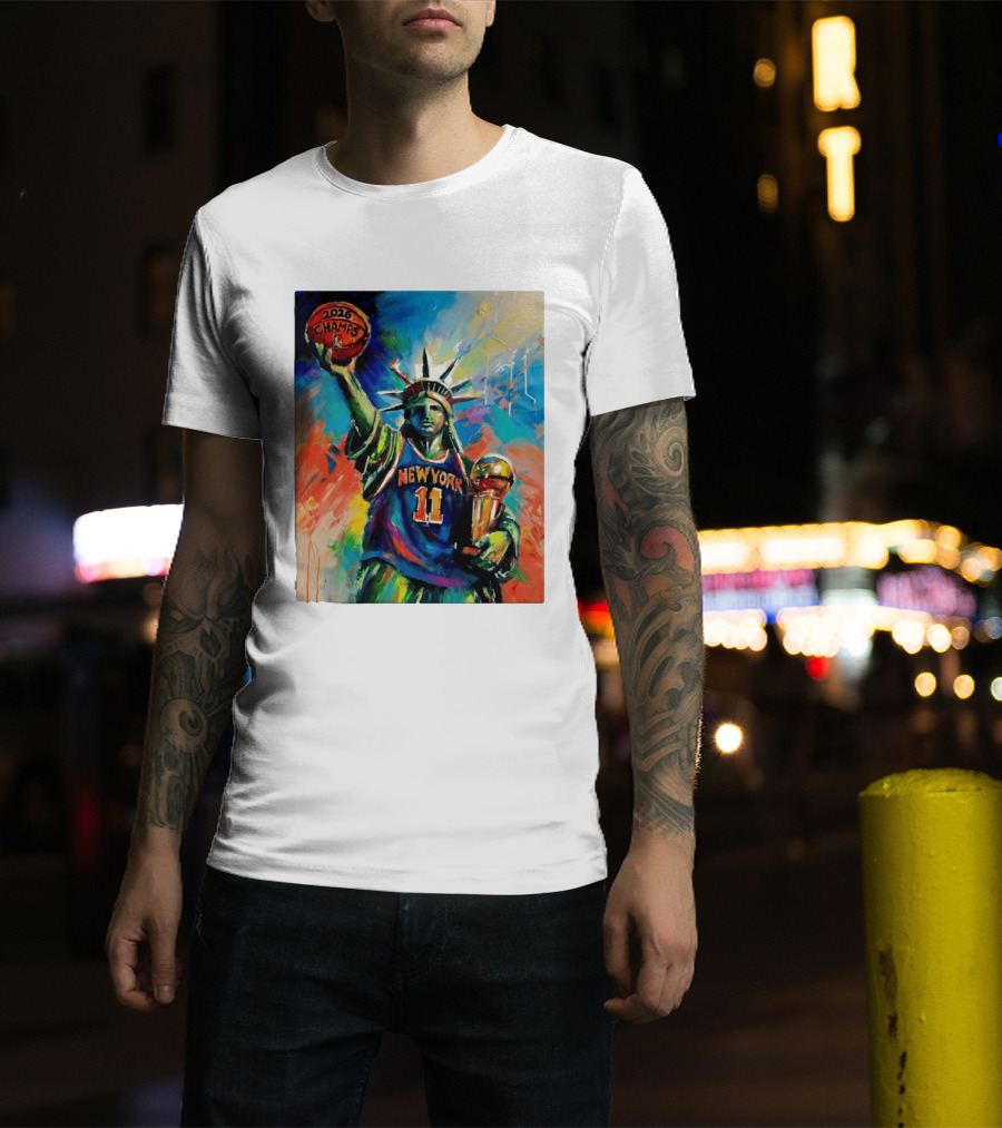 New York Knicks 11 Statue Of Liberty 2026 Champs Trophy Basketball T-Shirt