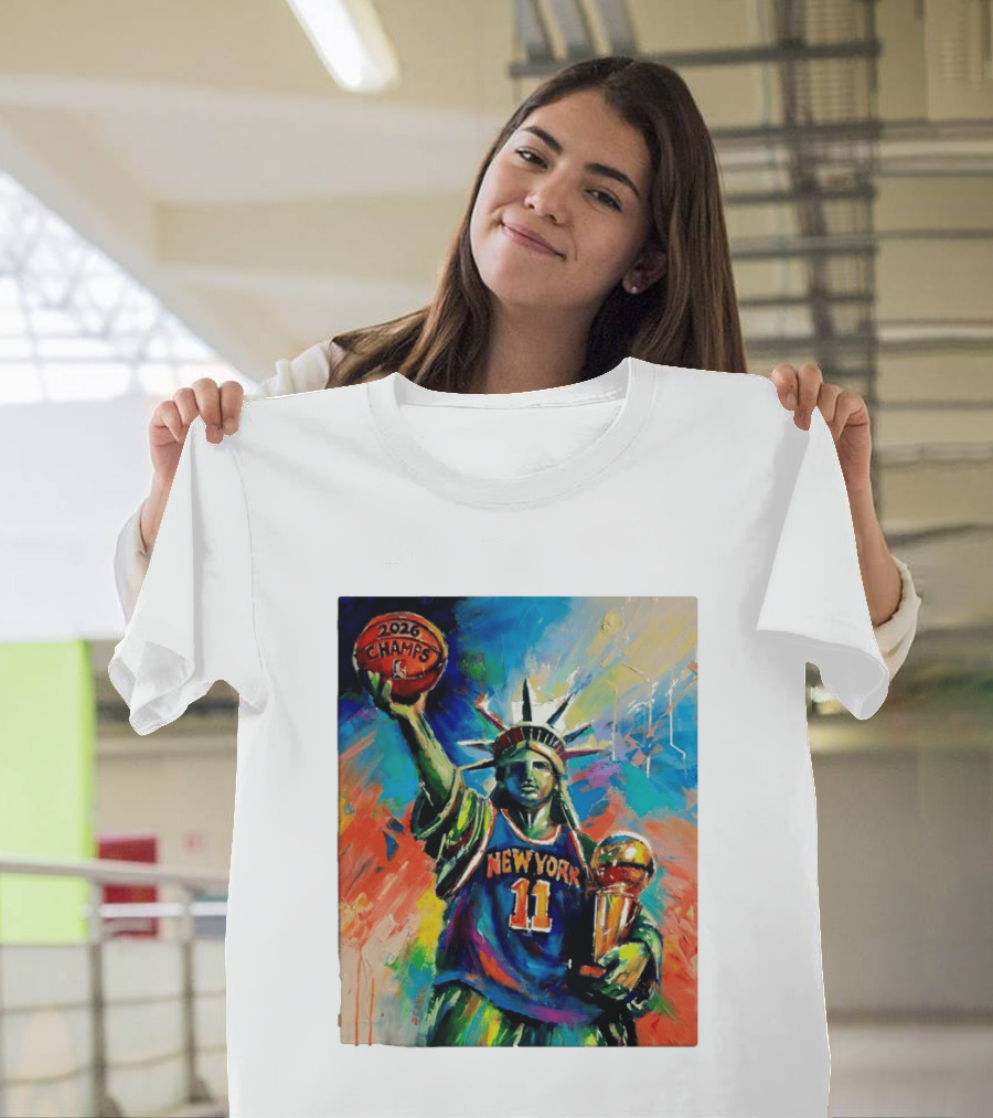 New York Knicks 11 Statue Of Liberty 2026 Champs Trophy Basketball T-Shirt