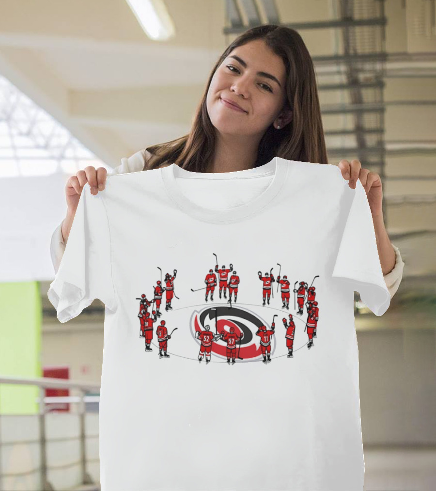 Carolina Hurricanes Team Celebrating On Logo Ice Hockey Scene T-Shirt