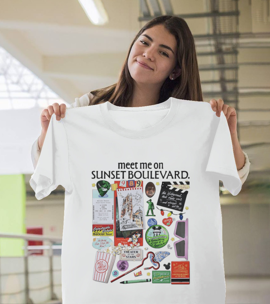 Meet Me On Sunset Boulevard Hollywood Tower Of Terror Theater Of The Stars Pizza Rizzo 3D Glasses Collage T-Shirt