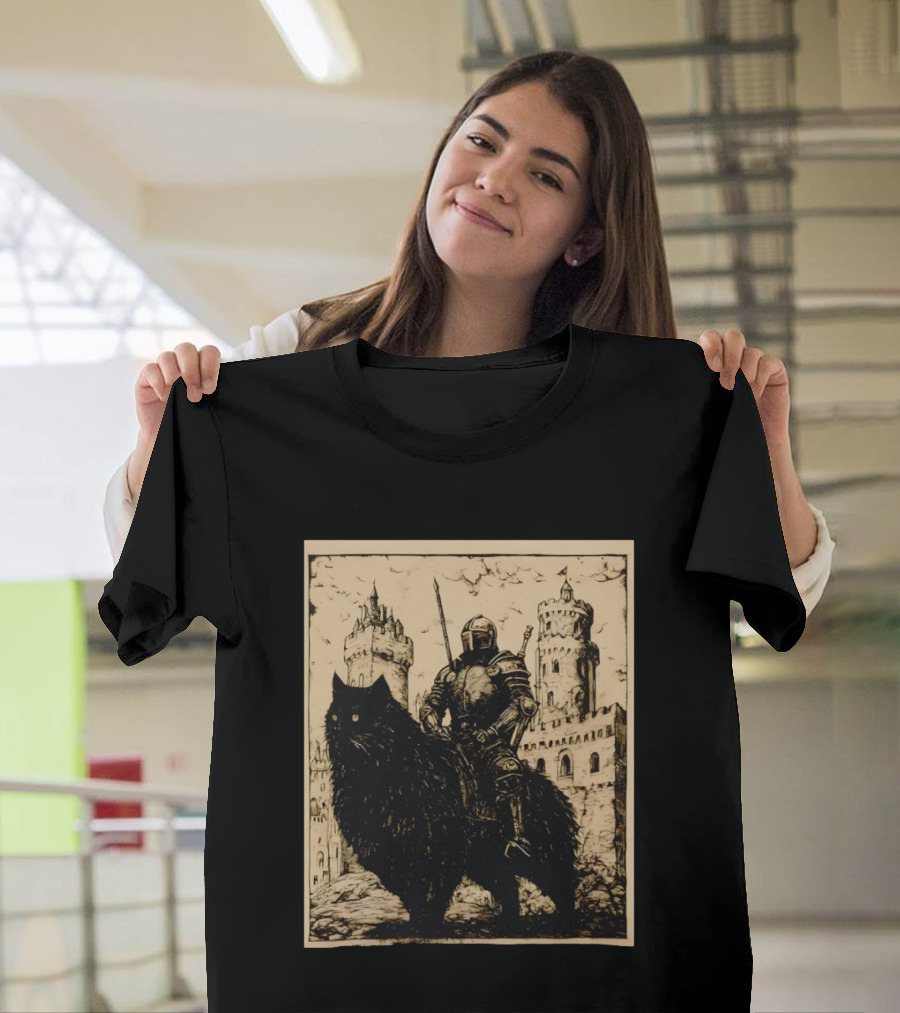 Knight Riding Giant Cat In Medieval Fantasy Castle Scene T-Shirt