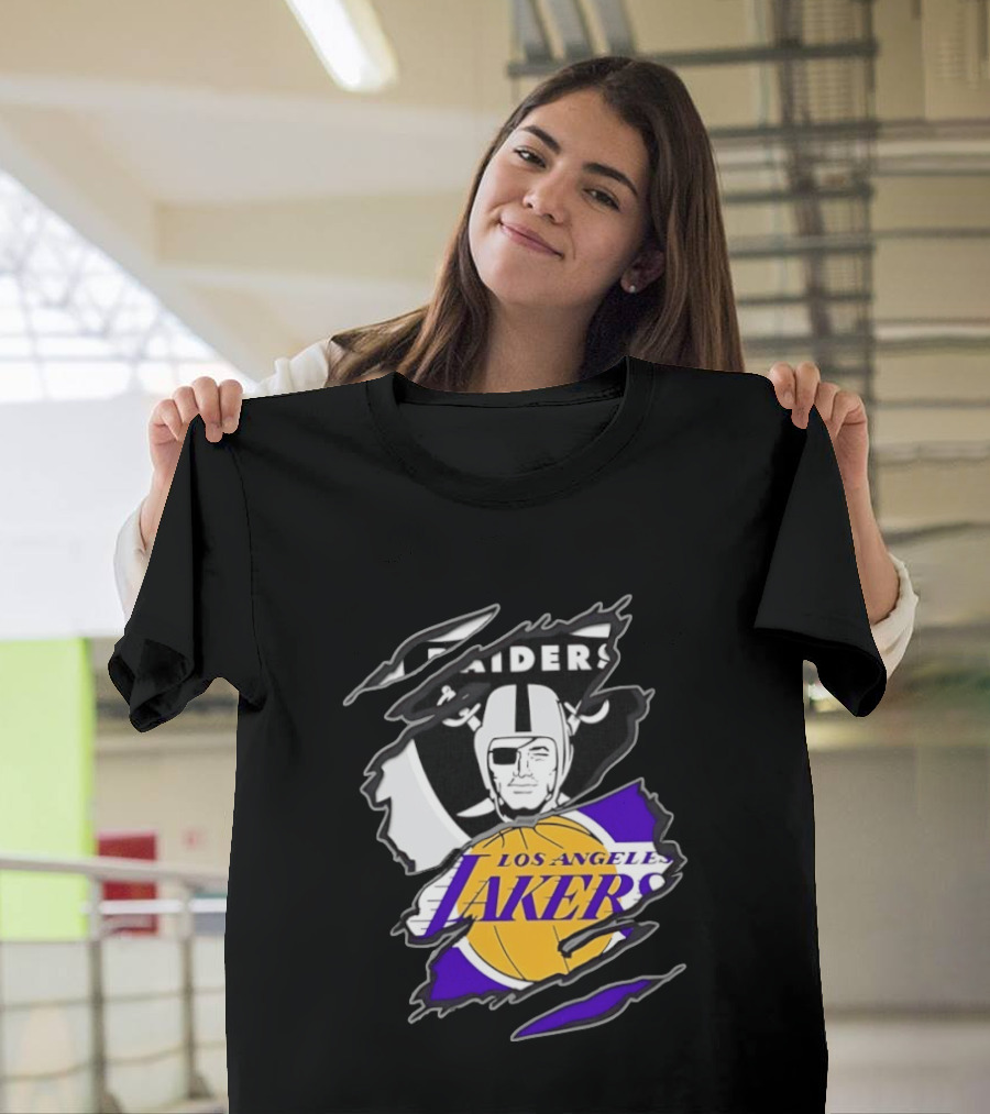 Las Vegas Raiders Los Angeles Lakers Two Teams One Heart Scratch T-Shirt