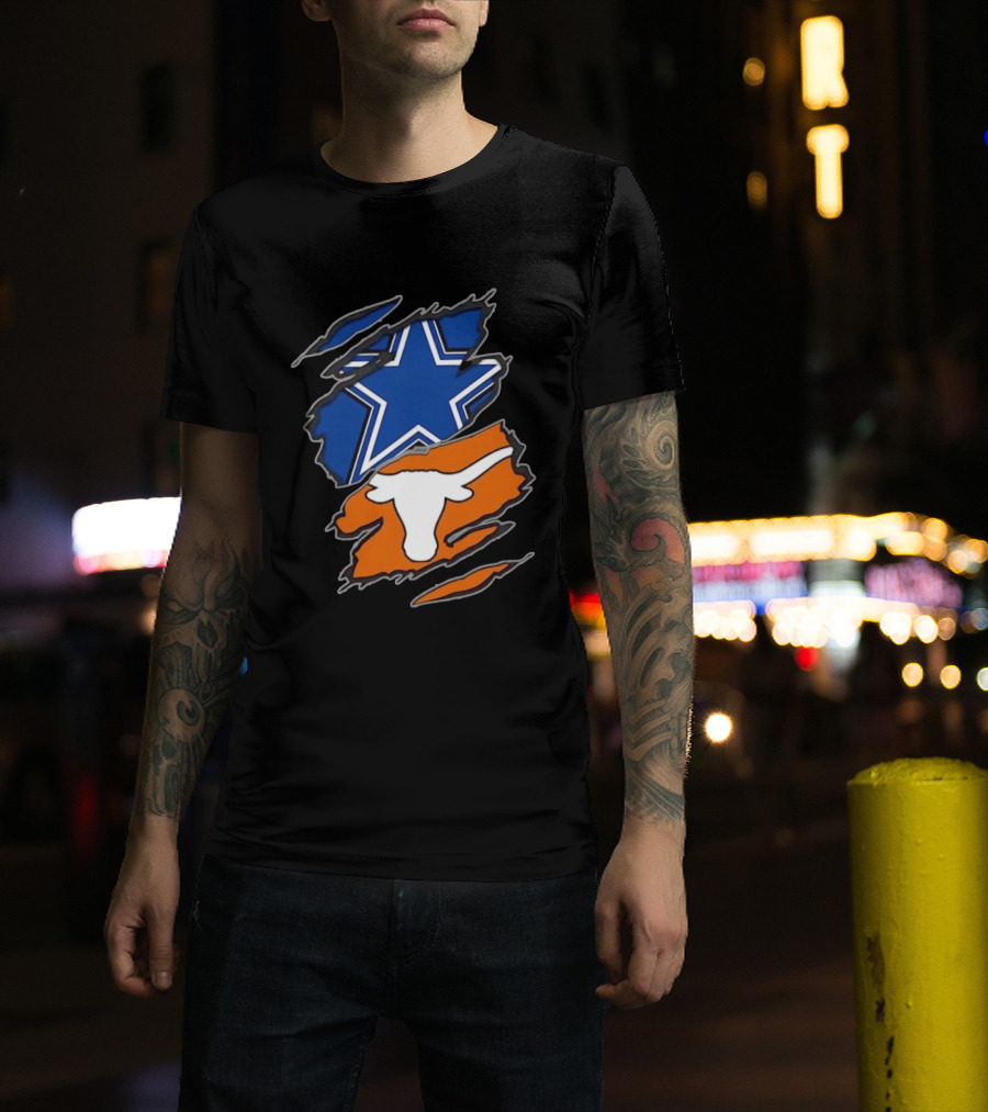 Dallas Cowboys Texas Longhorns Two Teams One Heart Scratch Torn Star Helmet T-Shirt