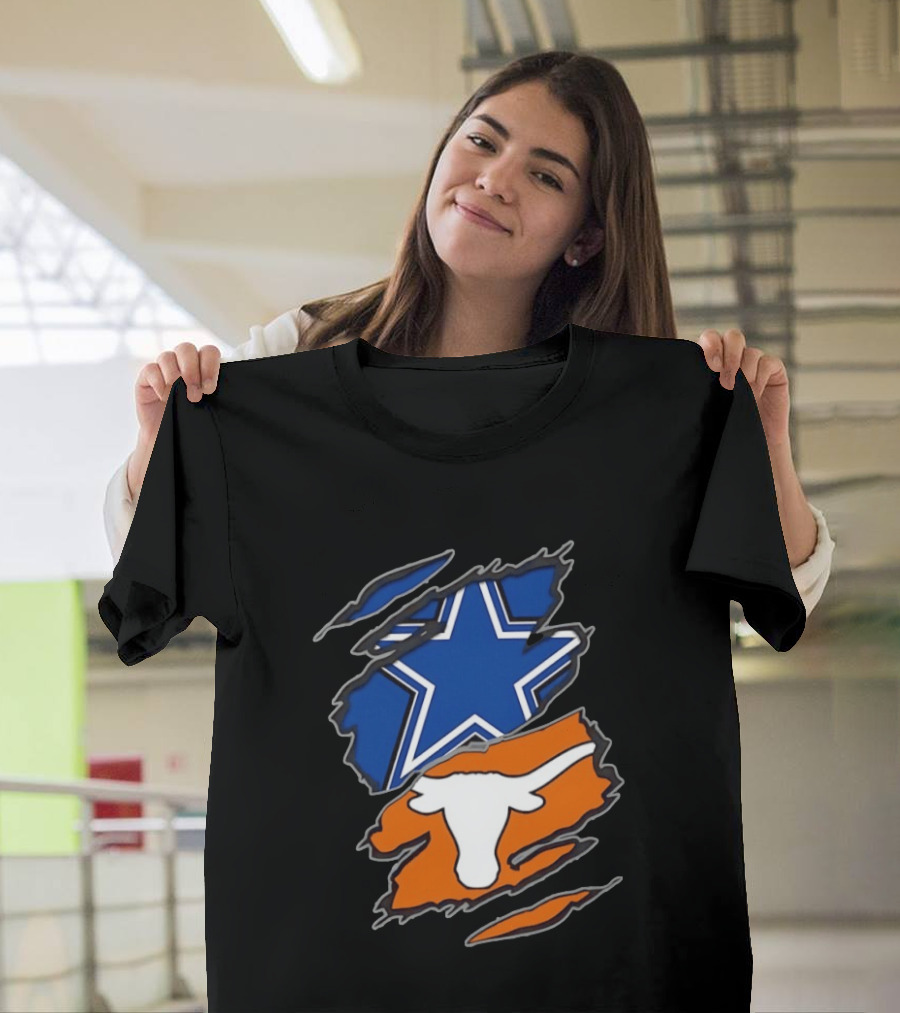 Dallas Cowboys Texas Longhorns Two Teams One Heart Scratch Torn Star Helmet T-Shirt