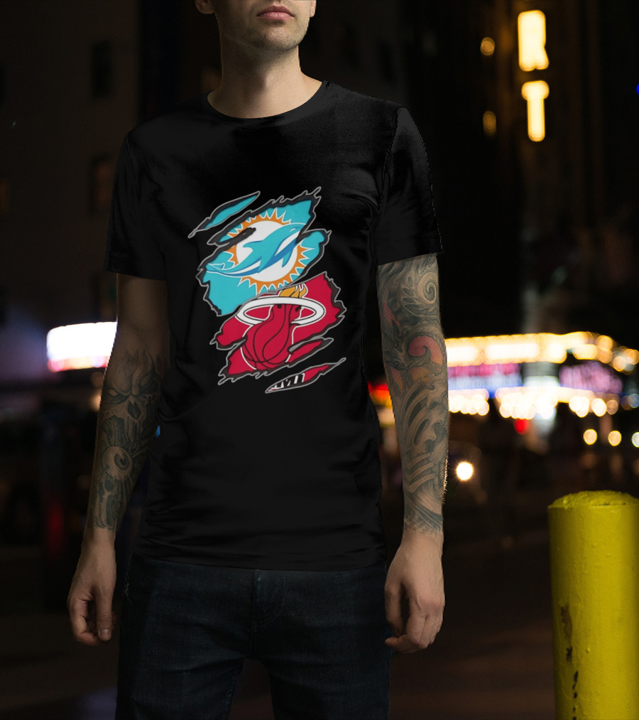 Miami Dolphins Miami Heat Two Teams One Heart Scratch T-Shirt