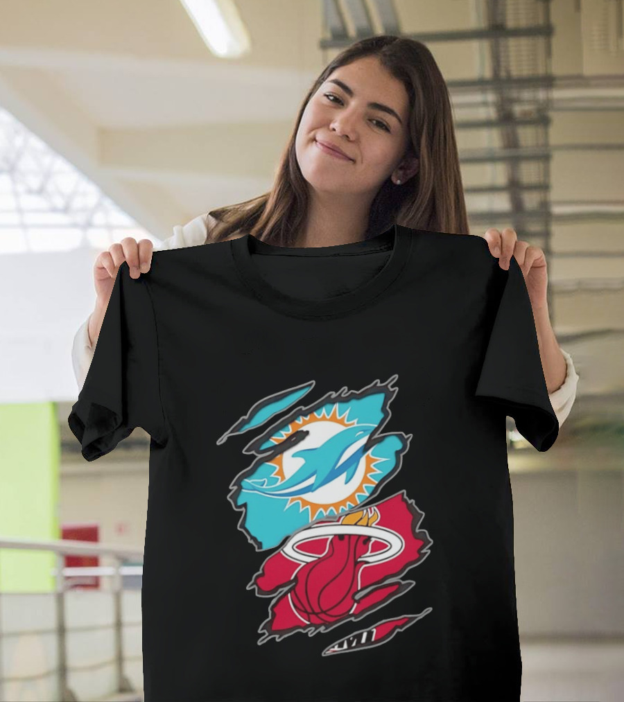 Miami Dolphins Miami Heat Two Teams One Heart Scratch T-Shirt