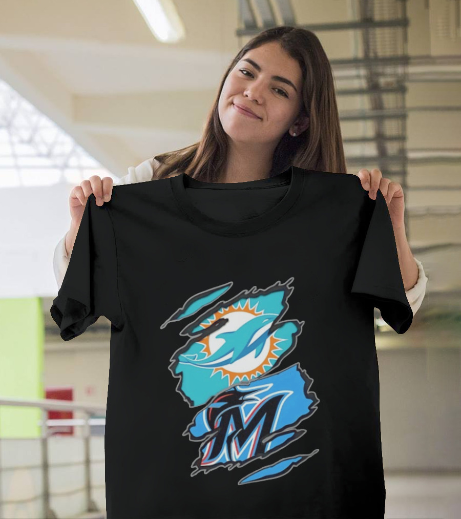 Miami Dolphins Miami Marlins Two Teams One Heart Scratch Marks T-Shirt