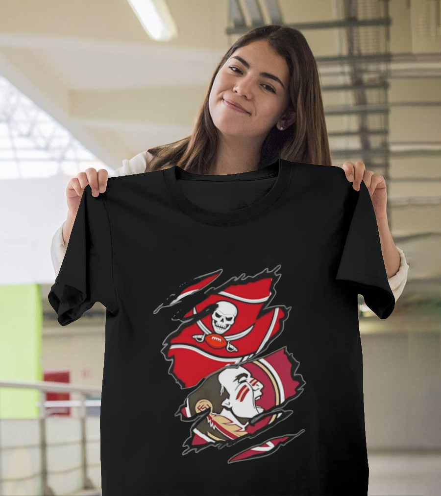 Tampa Bay Buccaneers And Florida State Seminoles Two Teams One Heart Scratch Skull Flag Warrior Face T-Shirt