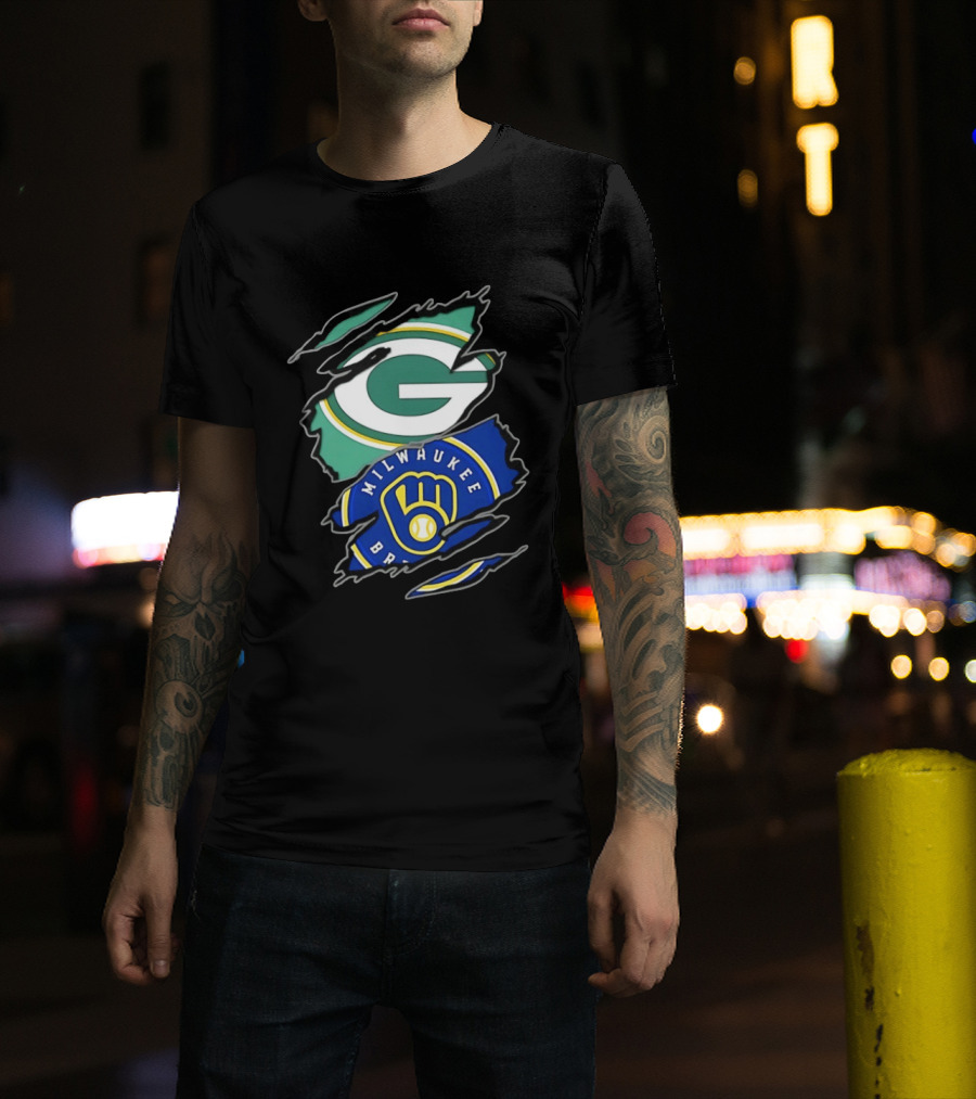 Green Bay Packers Milwaukee Brewers Two Teams One Heart Scratch T-Shirt