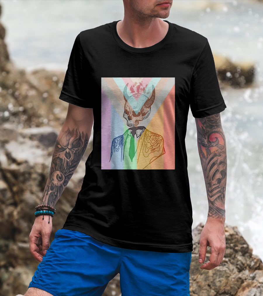 Horned Devil Skull Suit Pride Flag Surrealism Abstract Colorful T-Shirt