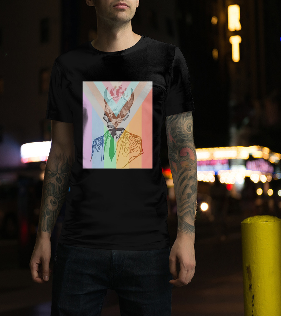 Horned Devil Skull Suit Pride Flag Surrealism Abstract Colorful T-Shirt