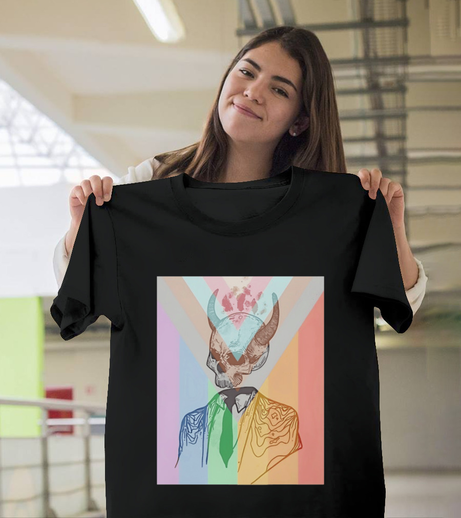 Horned Devil Skull Suit Pride Flag Surrealism Abstract Colorful T-Shirt