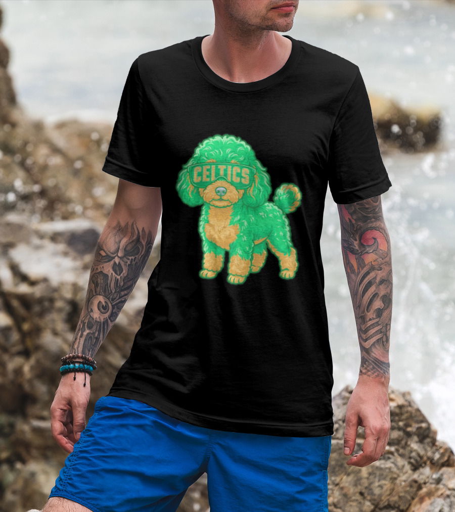 Boston Celtics Teacup Poodle Cartoon With Celtics Sunglasses T-Shirt